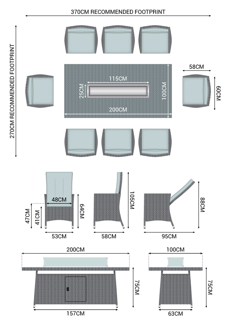 Ruxley 6 Seat Rattan Dining Set dimensions