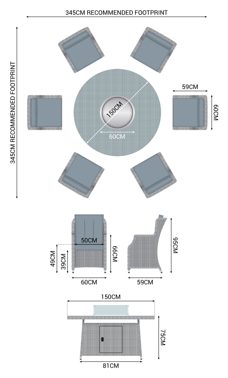 Thalia 6 Seat Dining Set dimensions
