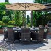 Amelia 10 Seat Dining Set - 1.8m Round Table with a brown parasol giving shade