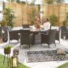 Amelia 6 Seat Rattan Dining Set with 1.5m Round Fire Pit Table with a couple using the set