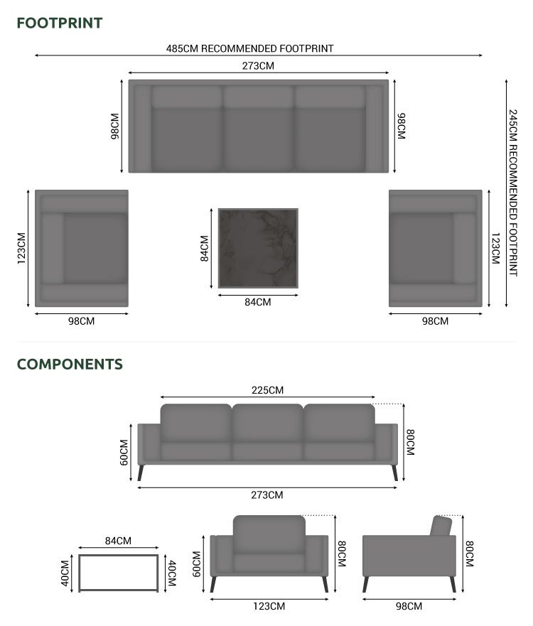 Infinity 3 Seat Fabric Sofa Set dimensions